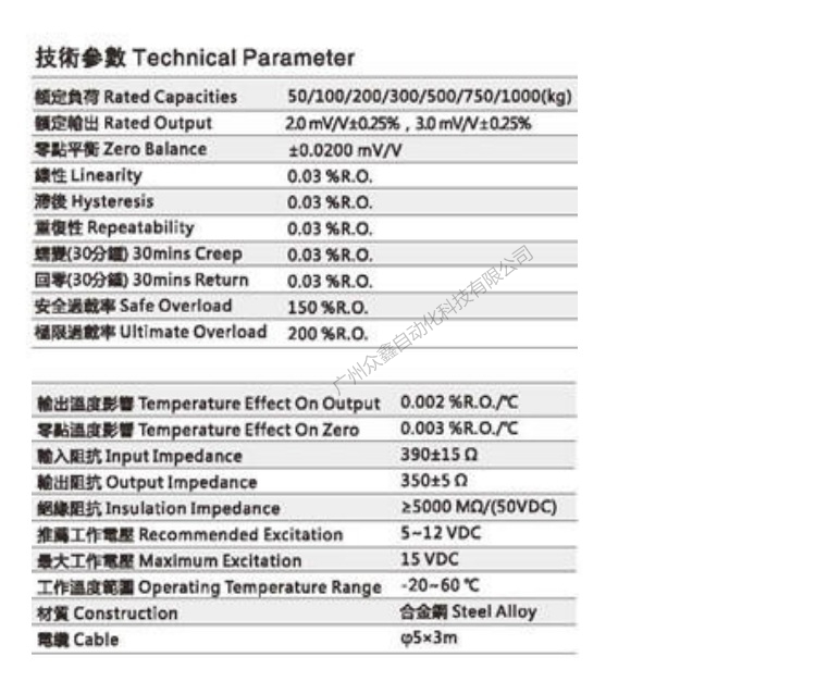 臺(tái)灣mavin NS1-50kg稱重傳感器技術(shù)參數(shù)