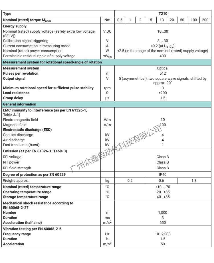 德國HBM品牌 T210扭矩傳感器技術(shù)參數(shù)